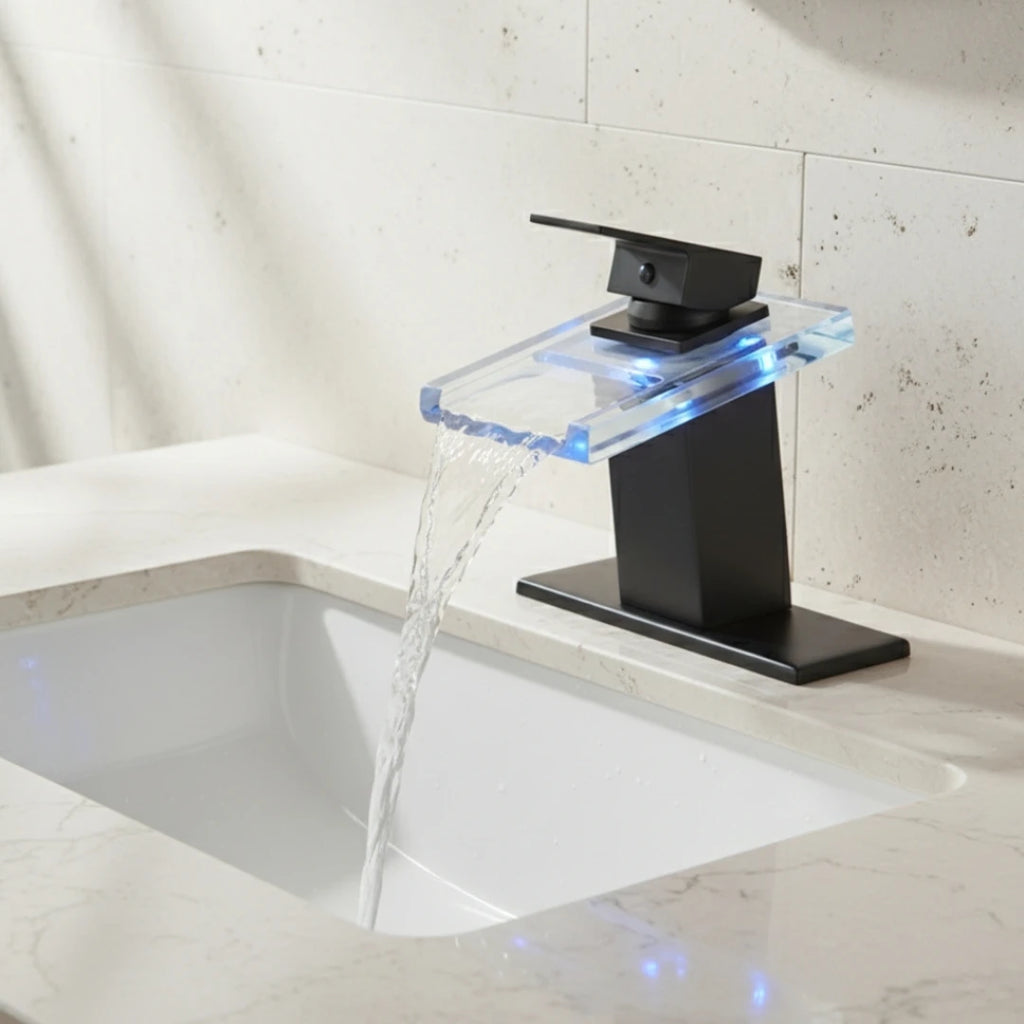 Robinet salle de bain lavabo cascade lumineuse - Noir - Laiton