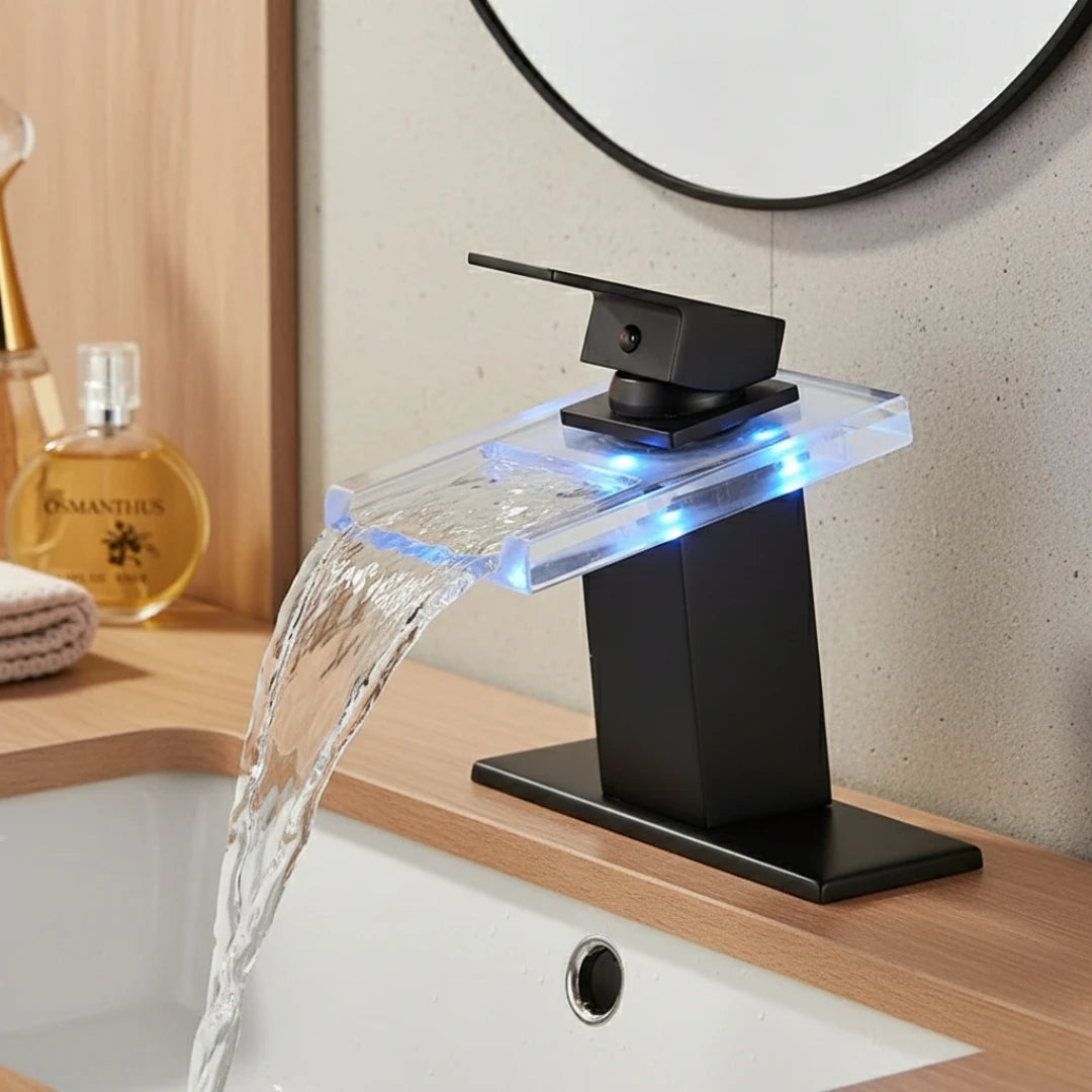 Robinet salle de bain lavabo cascade lumineuse - Noir - Laiton