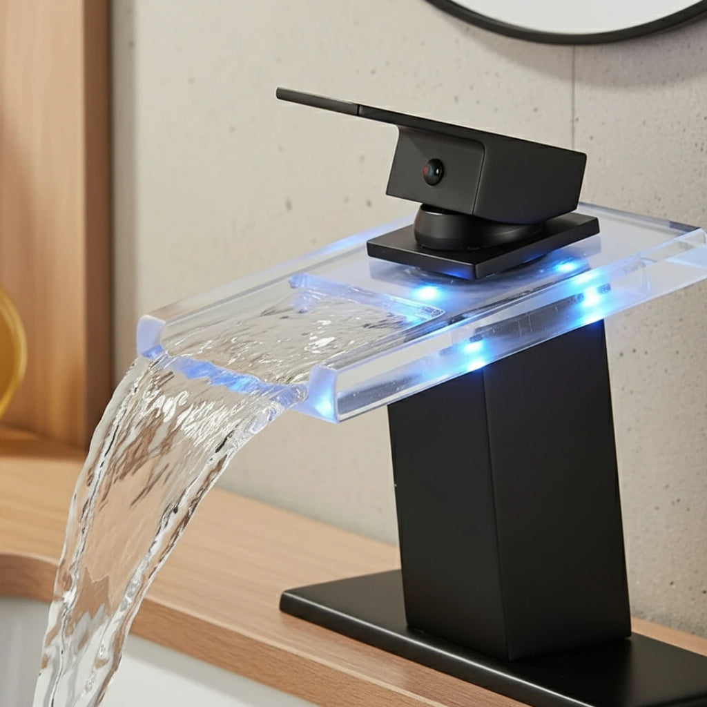 Robinet salle de bain lavabo cascade lumineuse - Noir - Laiton
