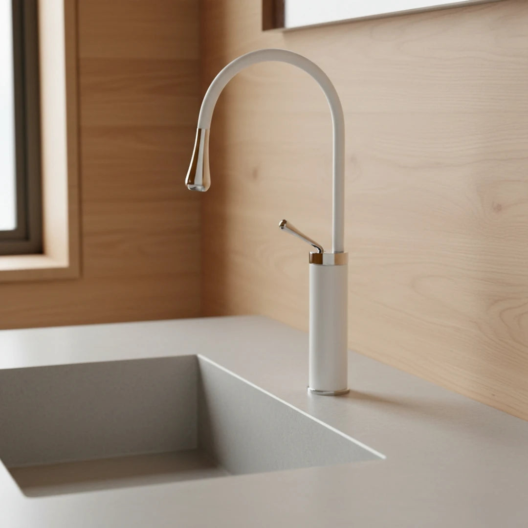 Robinet salle de bain lavabo design arrondi goutte - Blanc - Laiton