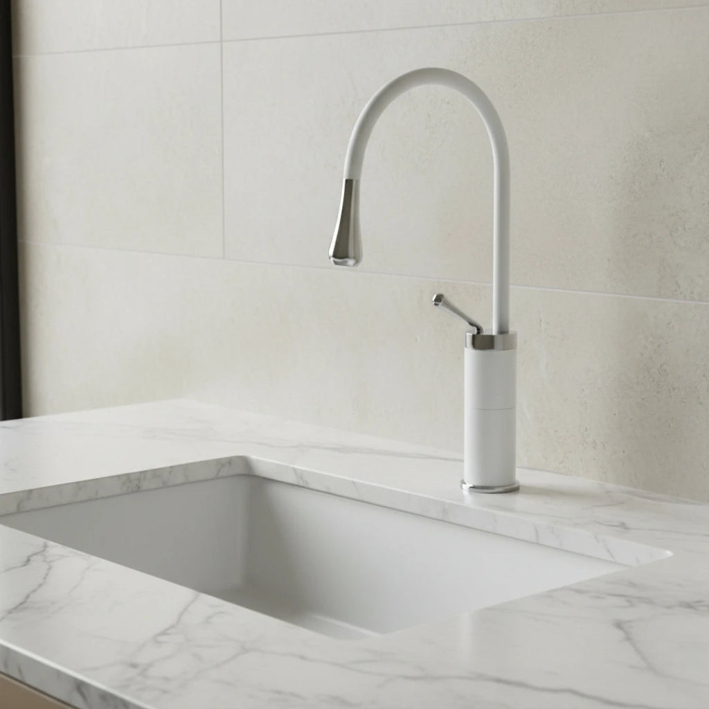 Robinet salle de bain lavabo design arrondi goutte - Blanc - Laiton
