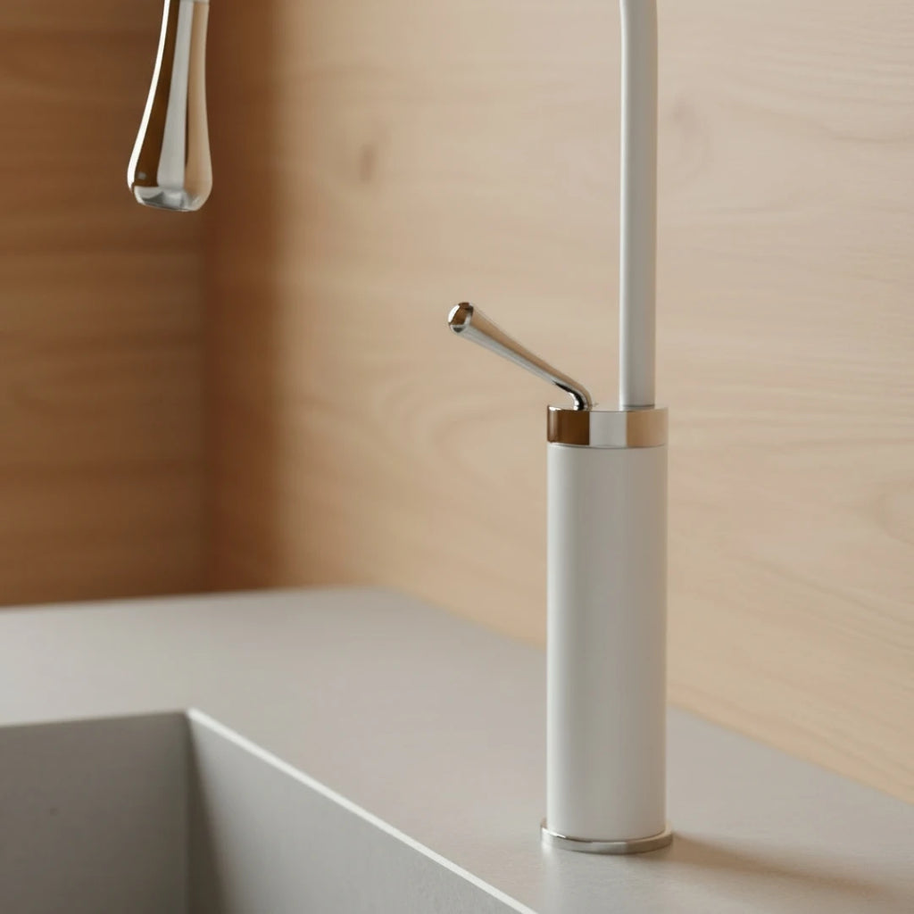 Robinet salle de bain lavabo design arrondi goutte - Blanc - Laiton