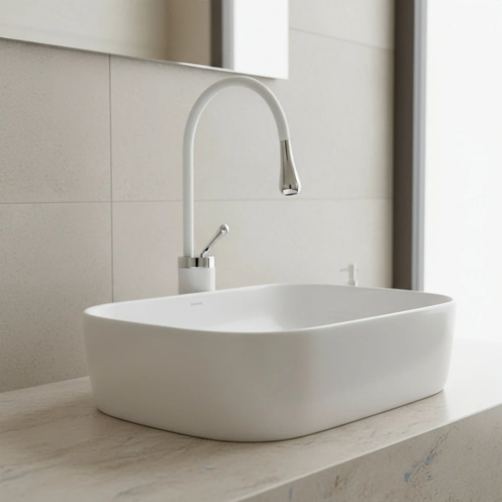 Robinet salle de bain lavabo design arrondi goutte - Blanc - Laiton