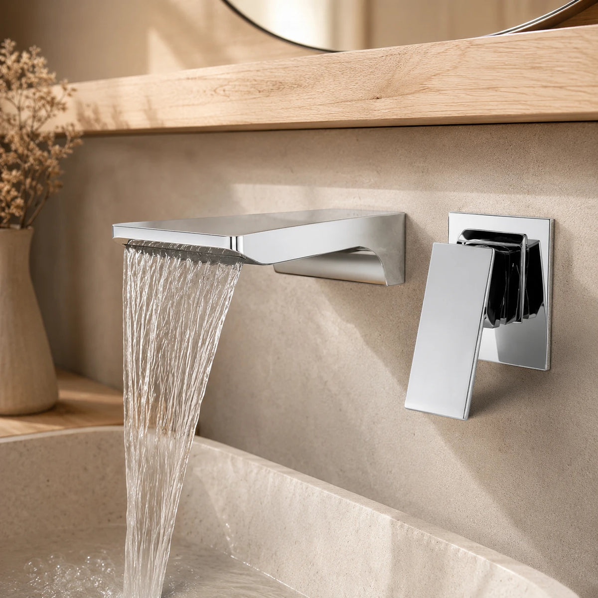 Robinet salle de bain lavabo encastrable mural cascade - Argenté - Laiton