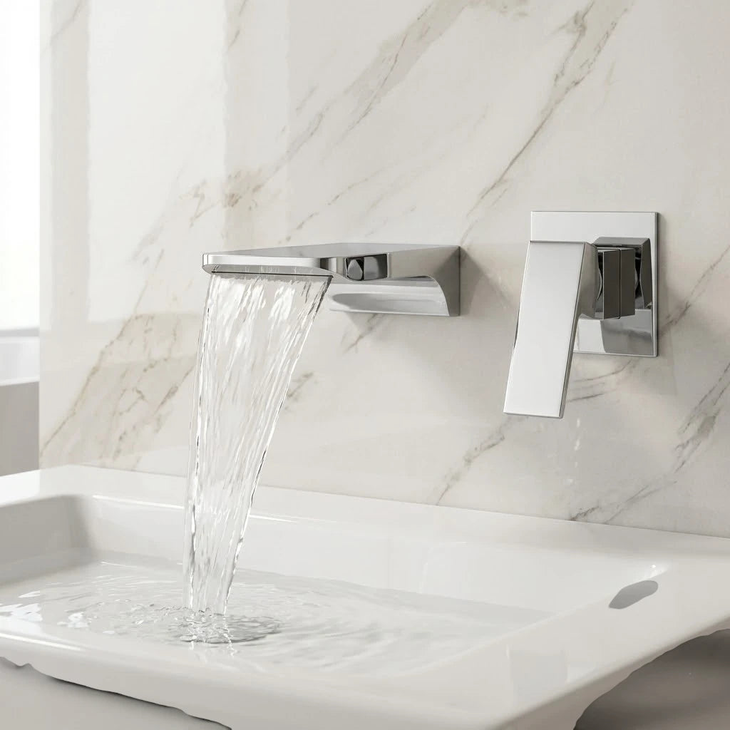 Robinet salle de bain lavabo encastrable mural cascade - Argenté - Laiton