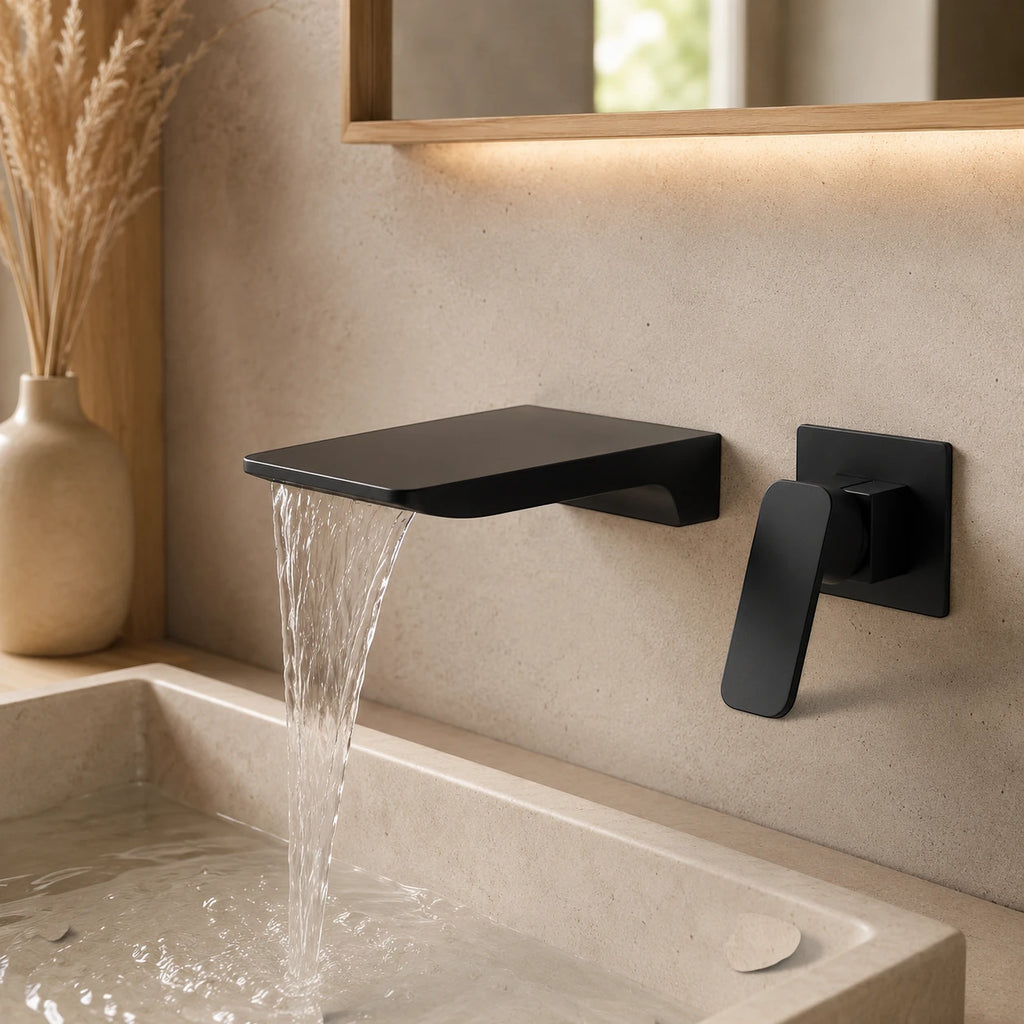 Robinet salle de bain lavabo encastrable mural cascade - Noir - Laiton