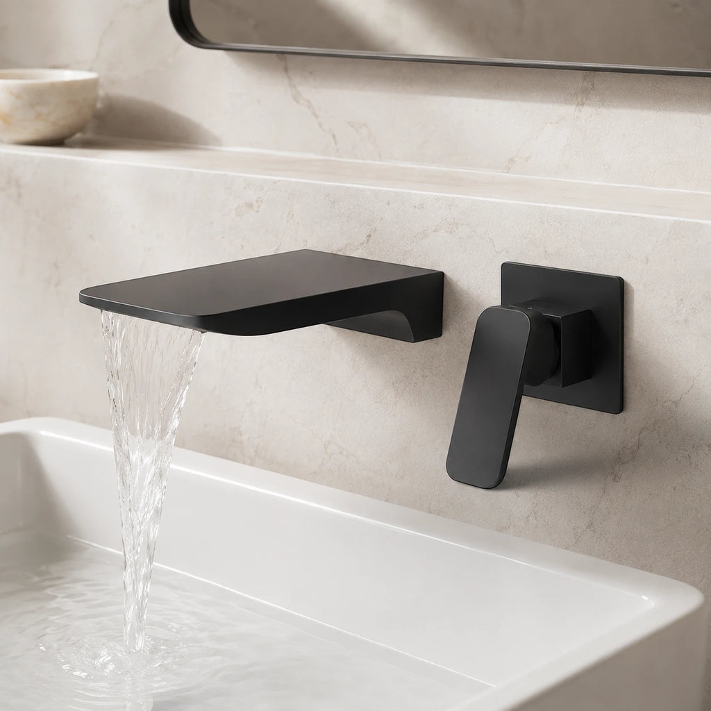 Robinet salle de bain lavabo encastrable mural cascade - Noir - Laiton