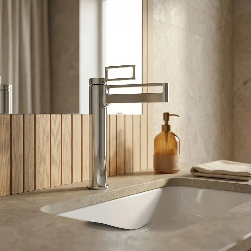 Robinet salle de bain lavabo géométrique - Argenté - Laiton