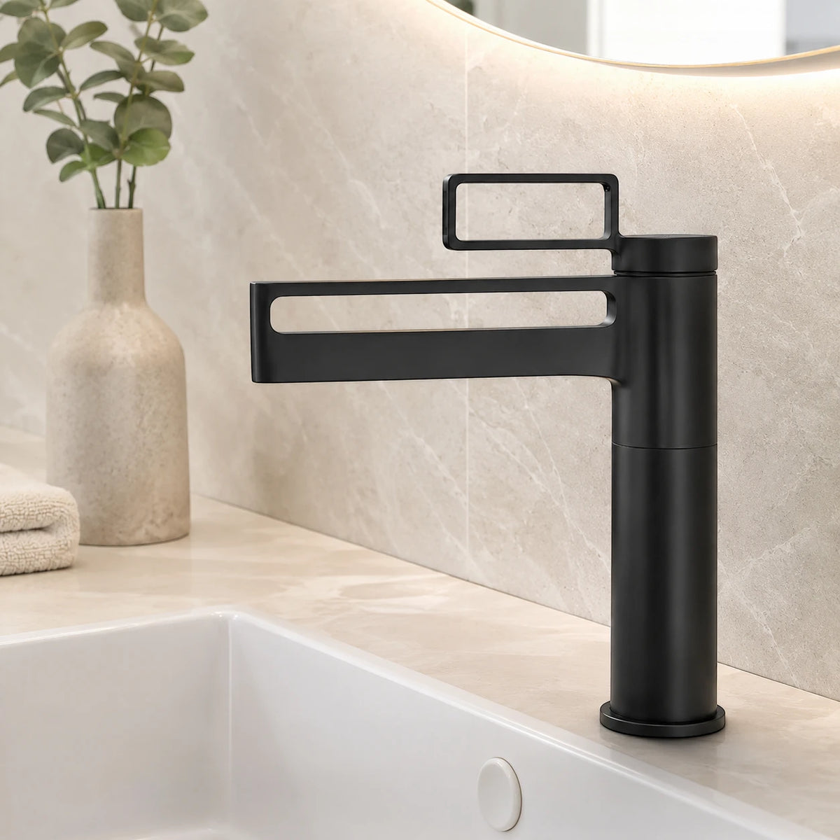 Robinet salle de bain lavabo géométrique - Noir - Laiton