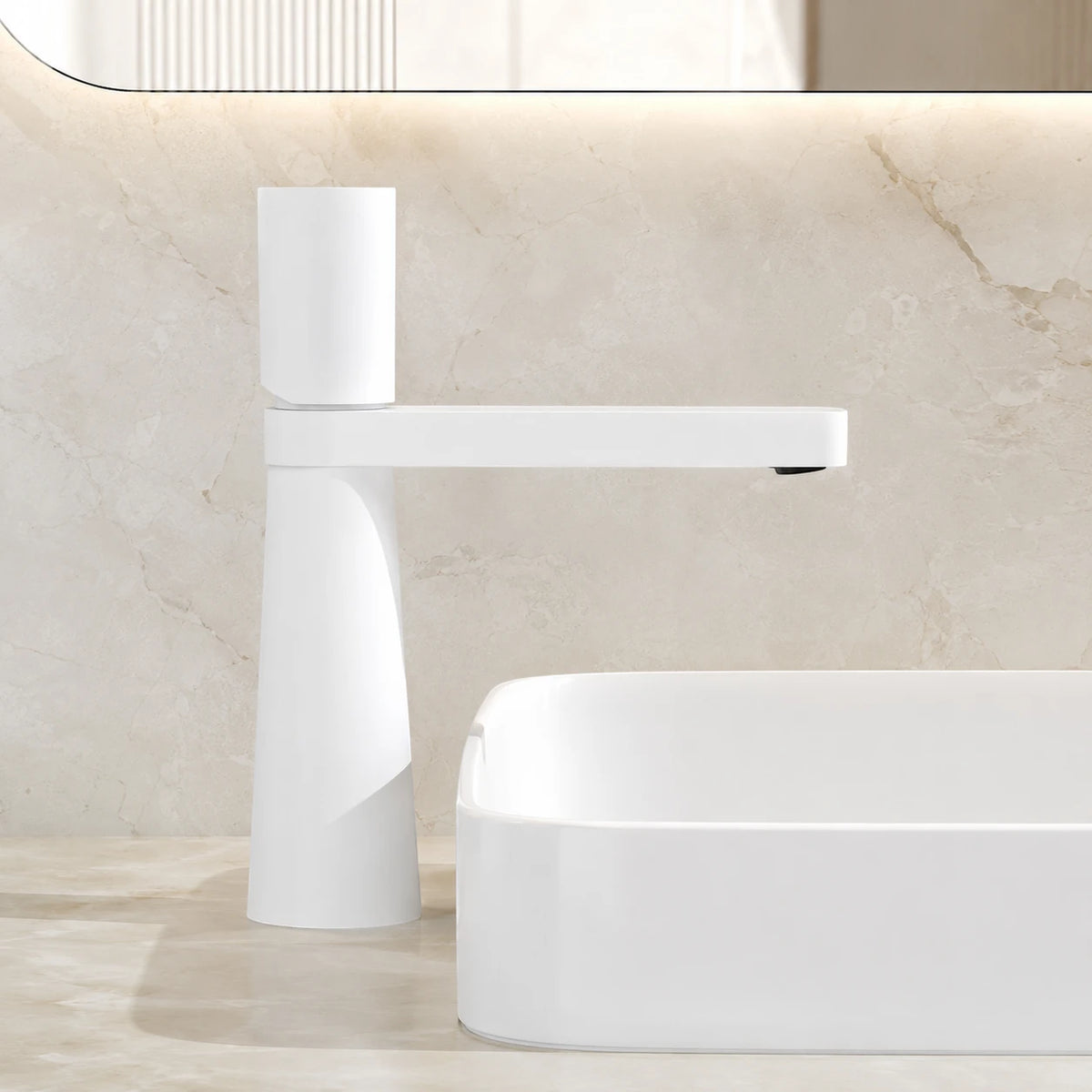 Robinet salle de bain lavabo minimaliste géométrique design - Blanc - Laiton