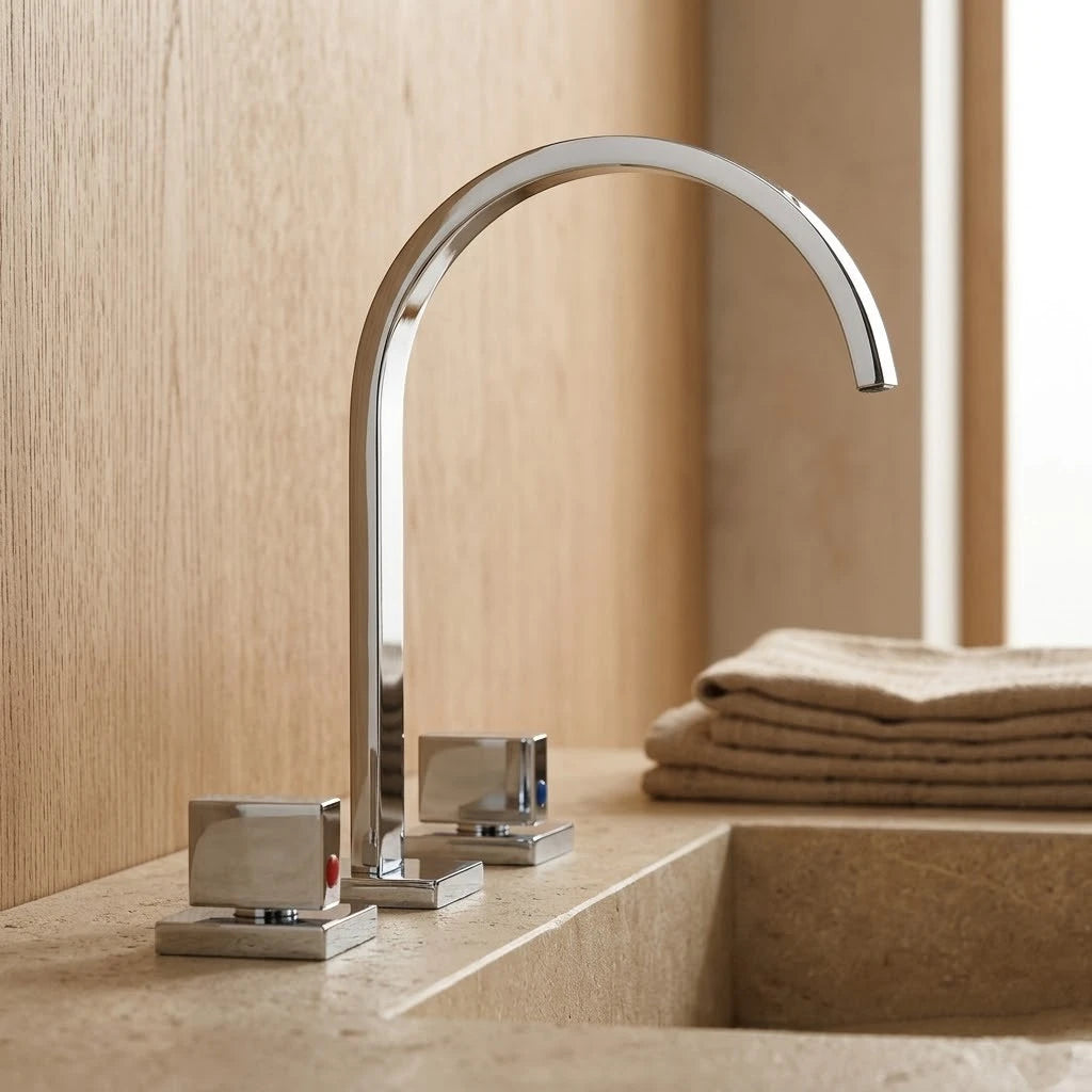 Robinet salle de bain lavabo minimaliste poignées déportées - Argenté - Laiton