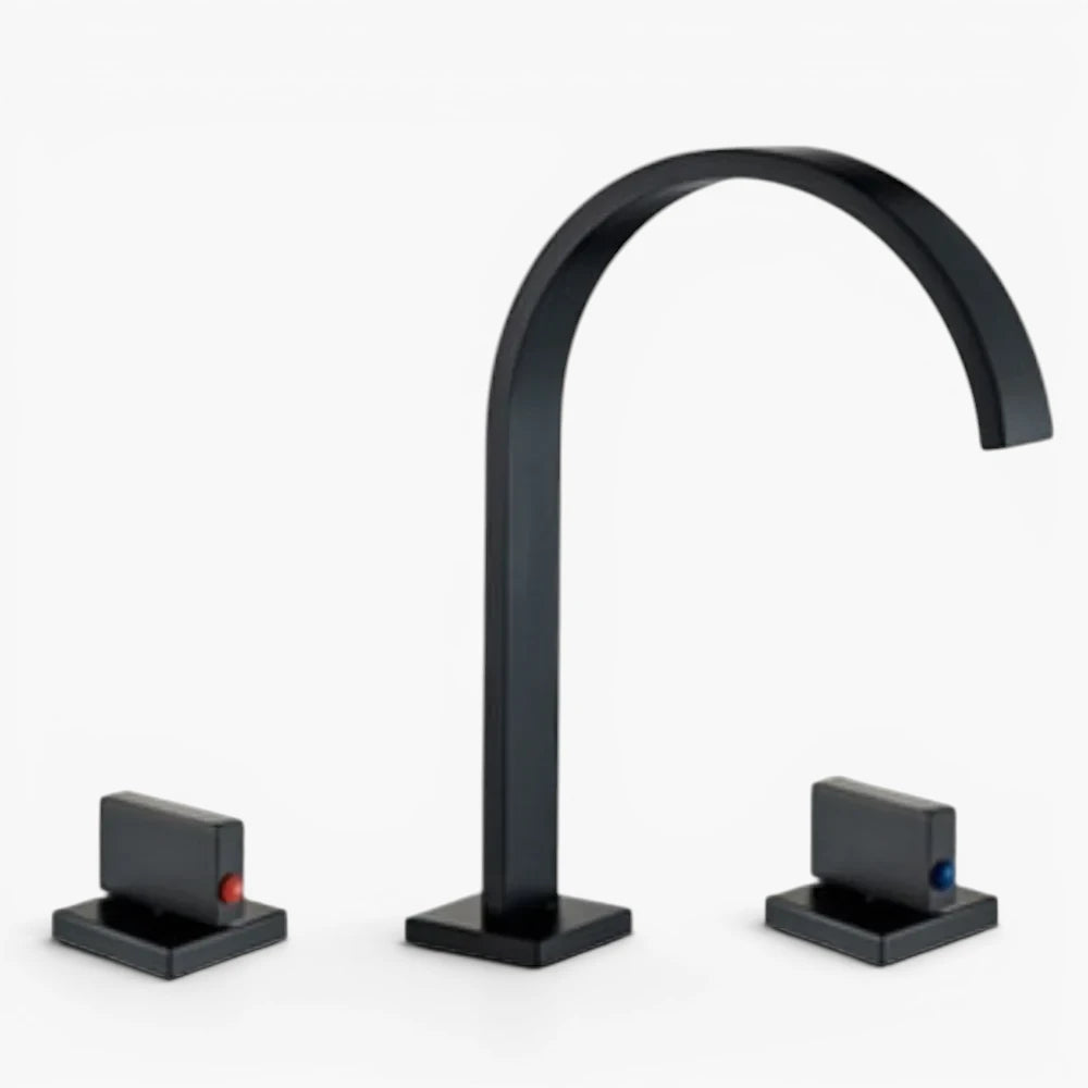 Robinet salle de bain lavabo minimaliste poignées déportées - Noir mat - Laiton