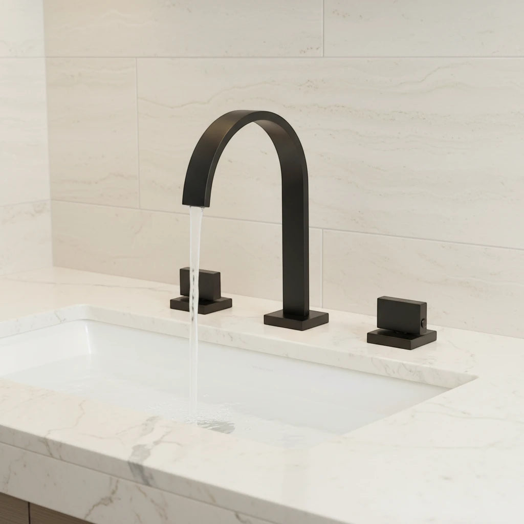 Robinet salle de bain lavabo minimaliste poignées déportées - Noir mat - Laiton