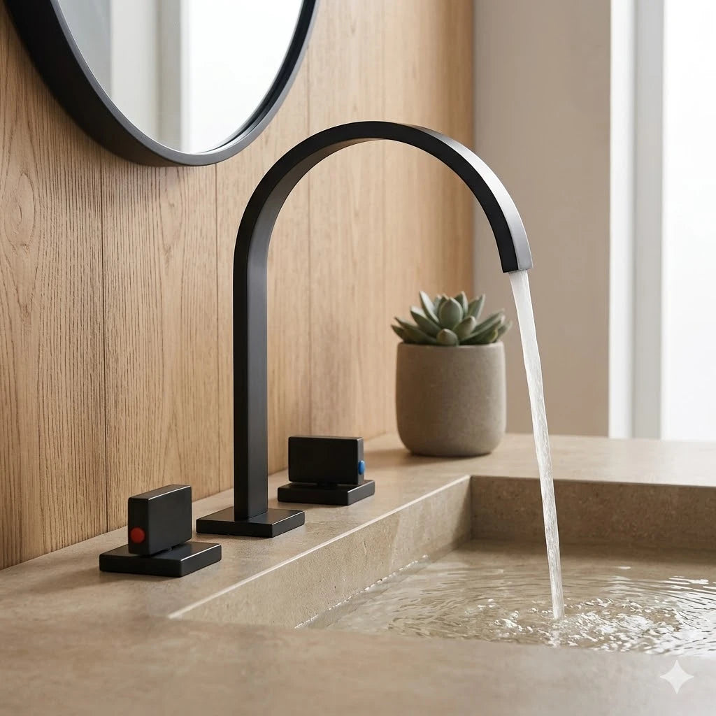 Robinet salle de bain lavabo minimaliste poignées déportées - Noir mat - Laiton