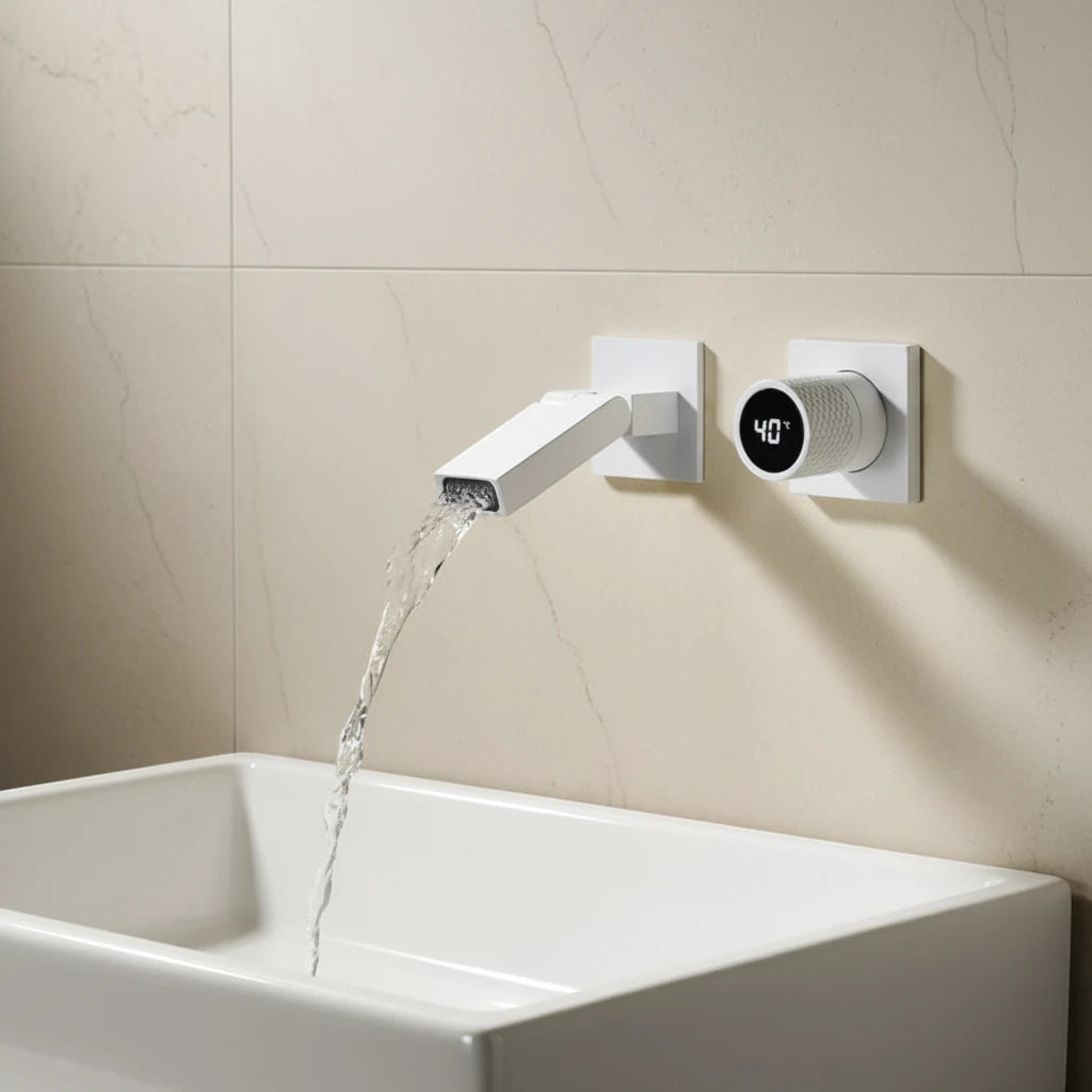Robinet salle de bain lavabo mural encastrable pivotant - Blanc - Laiton