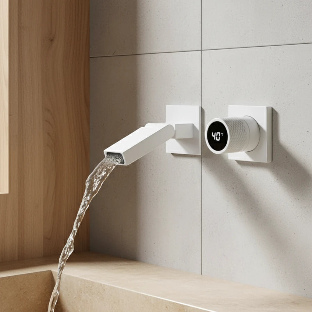 Robinet salle de bain lavabo mural encastrable pivotant - Blanc - Laiton