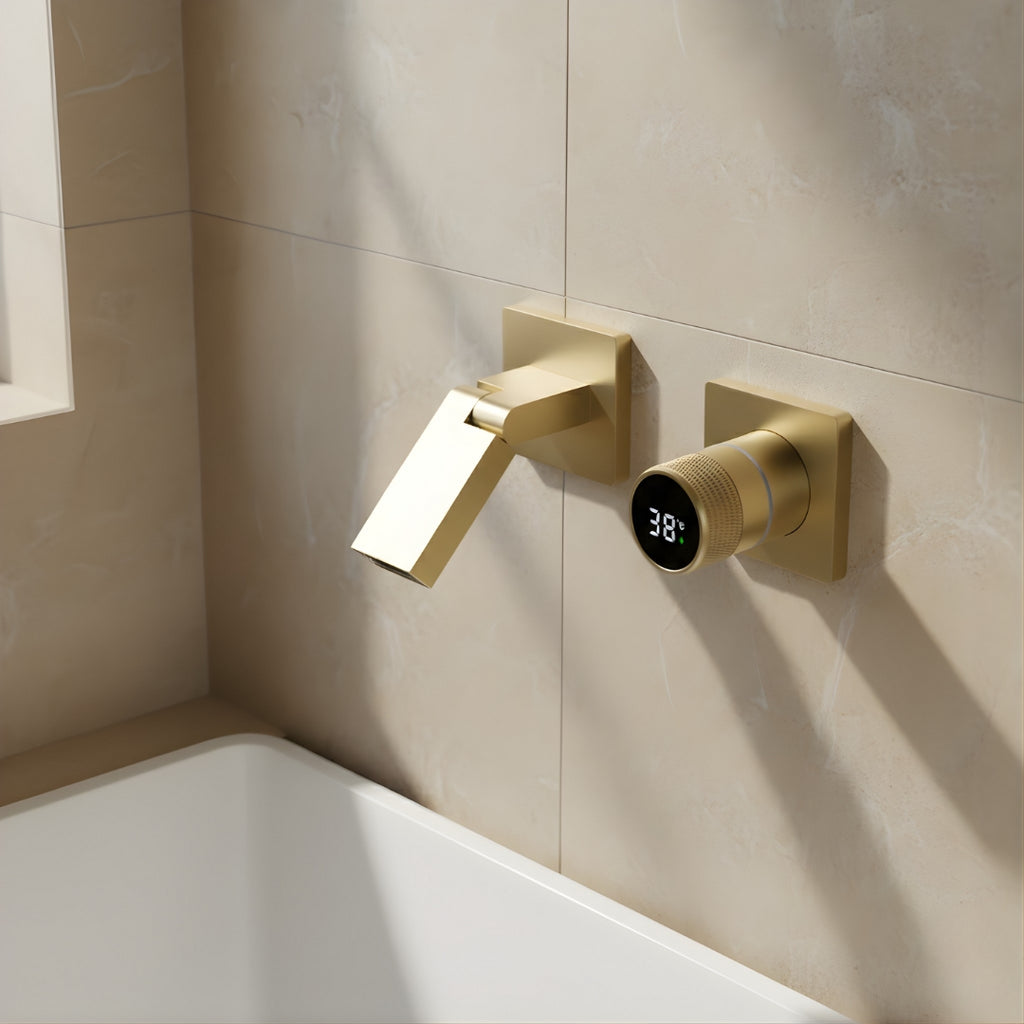 Robinet salle de bain lavabo mural encastrable pivotant - Doré - Laiton