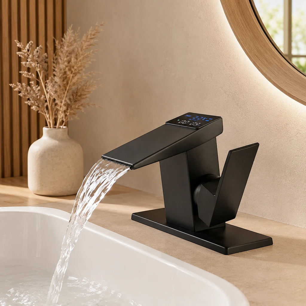 Robinet salle de bain lavabo thermostatique affichage numérique - Noir - Laiton