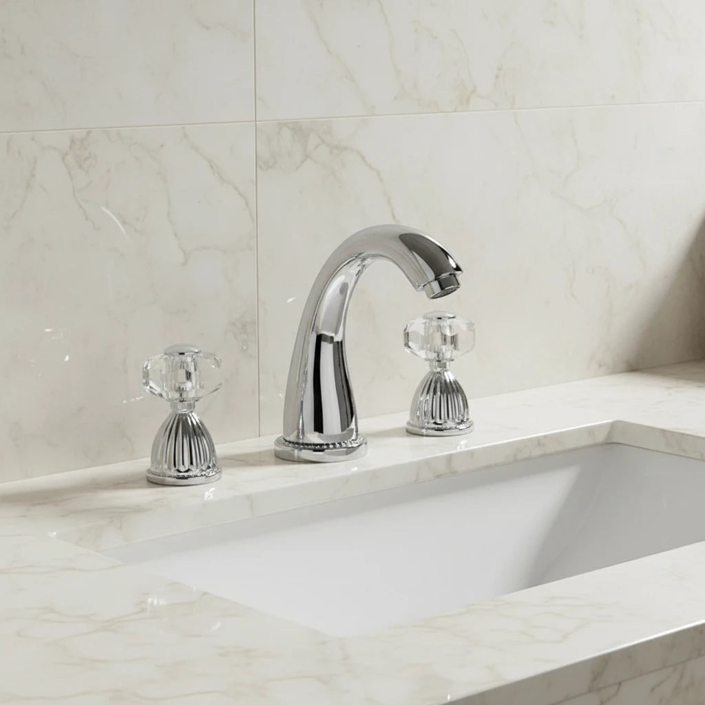 Robinet salle de bain rétro classique double poignées strass - Argenté - Laiton
