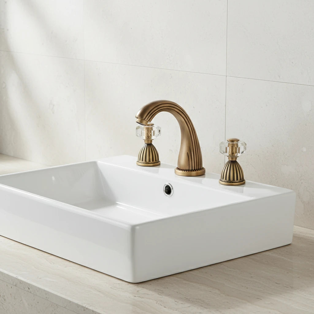 Robinet salle de bain rétro classique double poignées strass - Doré - Laiton