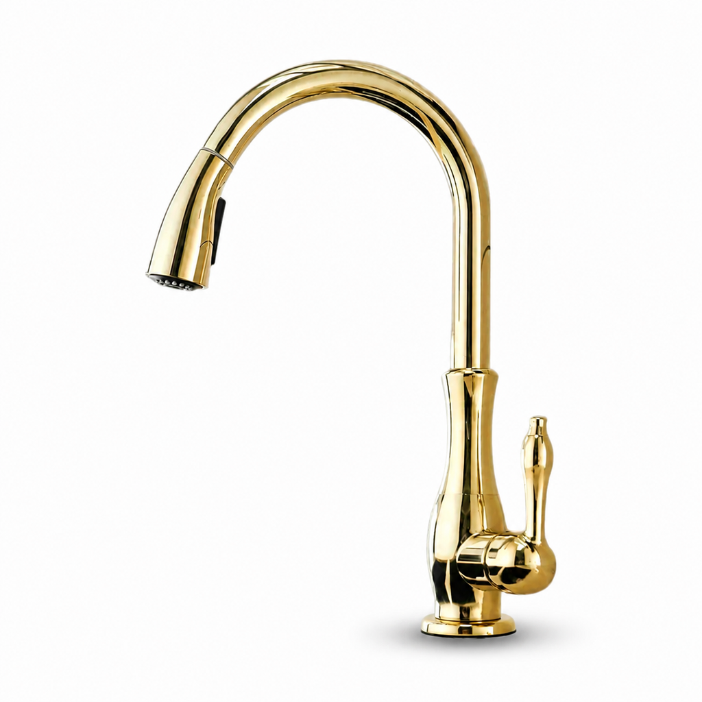 Robinet évier cuisine rétro arrondi flexible douchette - Doré - Laiton