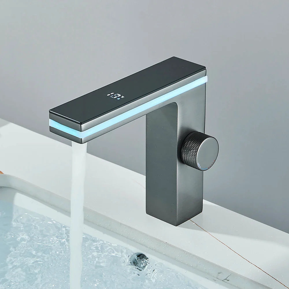 Robinet lavabo salle de bain affichage numérique - Argenté - Laiton