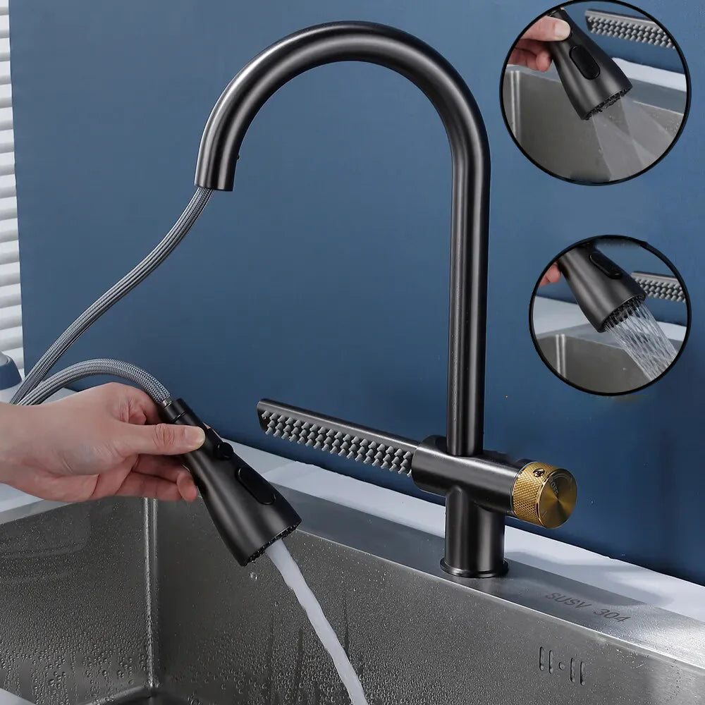 Robinet évier cuisine cascade flexible douchette - Noir - Laiton