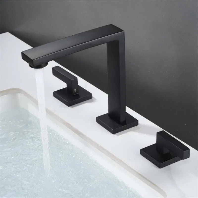 Robinet lavabo salle de bain poignées déportées - Noir - Laiton