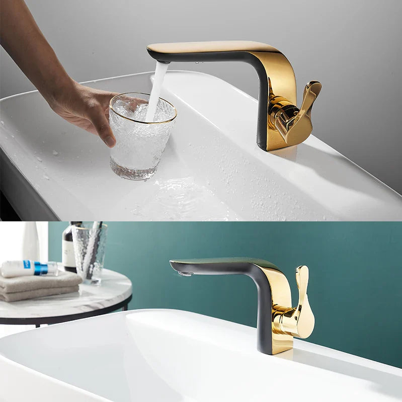 Robinet lavabo salle de bain moderne bicolore - Noir Doré - Laiton