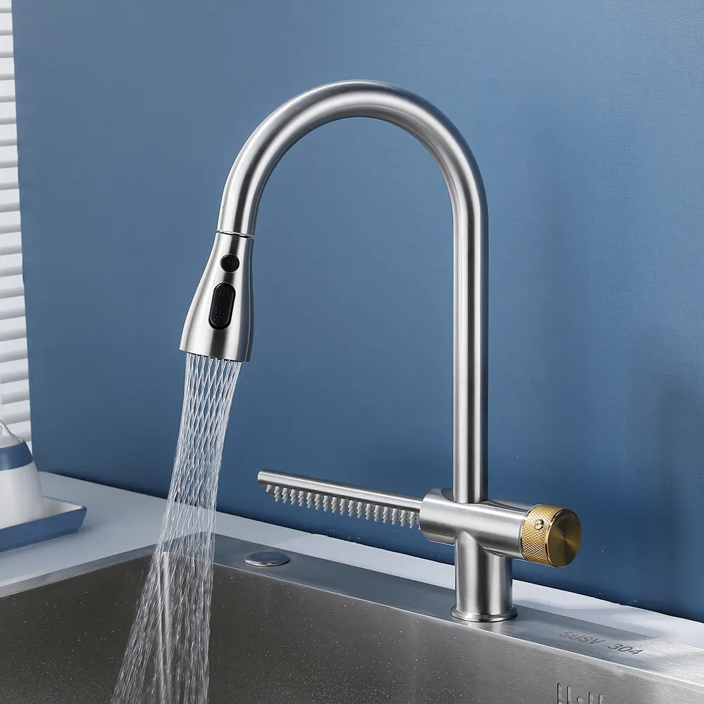 Robinet évier cuisine cascade flexible douchette - Argenté - Laiton