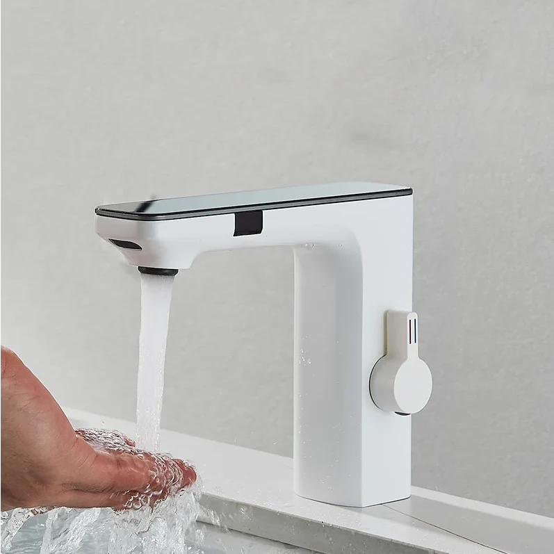 Robinet lavabo tactile affichage thermostatique numérique - Blanc - Laiton