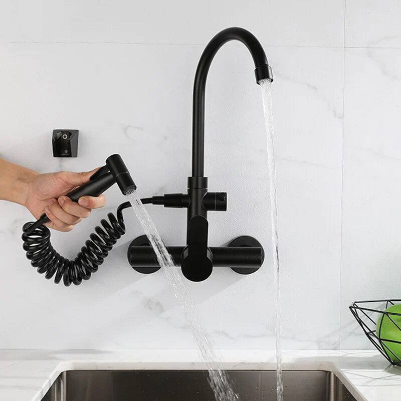 Robinet évier cuisine mural encastrable douchette pistolet flexible - Noir