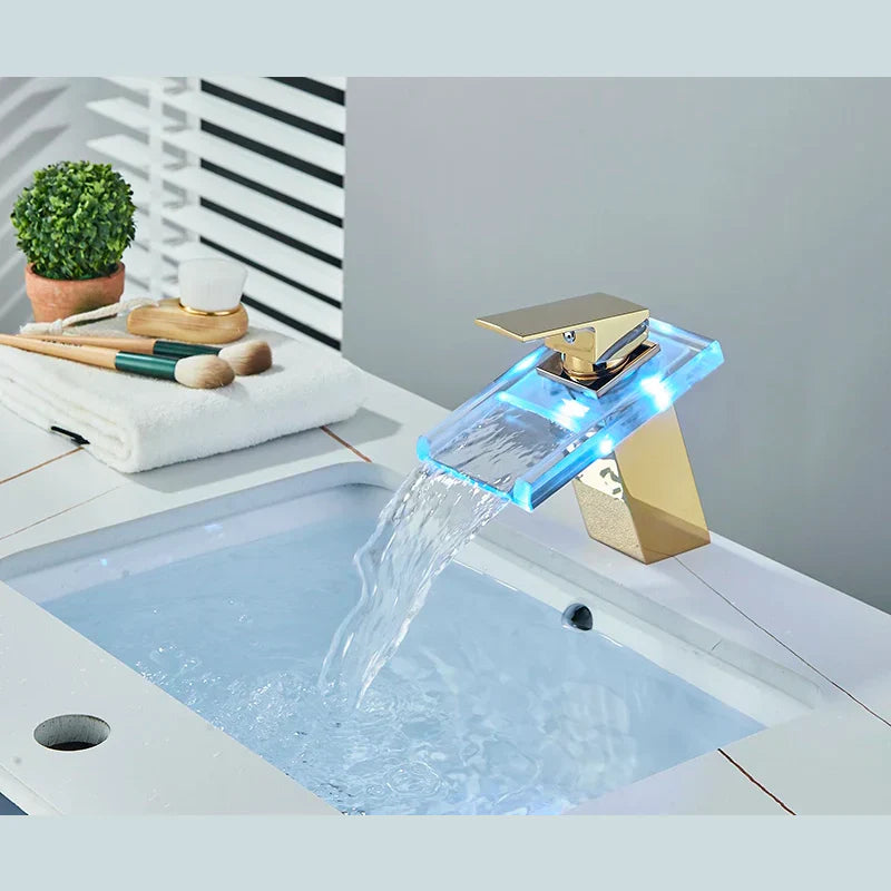 Robinet salle de bain lavabo cascade lumineuse - Doré - Laiton