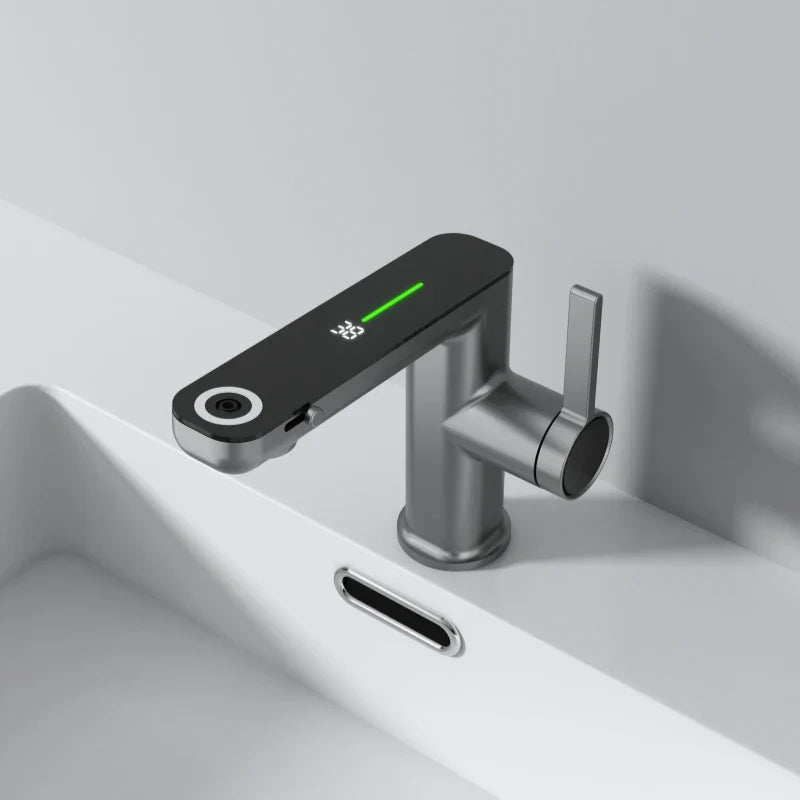 Robinet salle de bain lavabo fontaine température numérique - Argenté