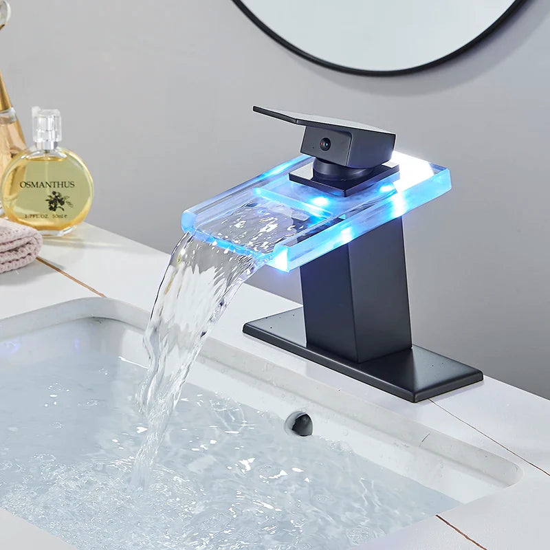 Robinet salle de bain lavabo cascade lumineuse - Noir - Laiton