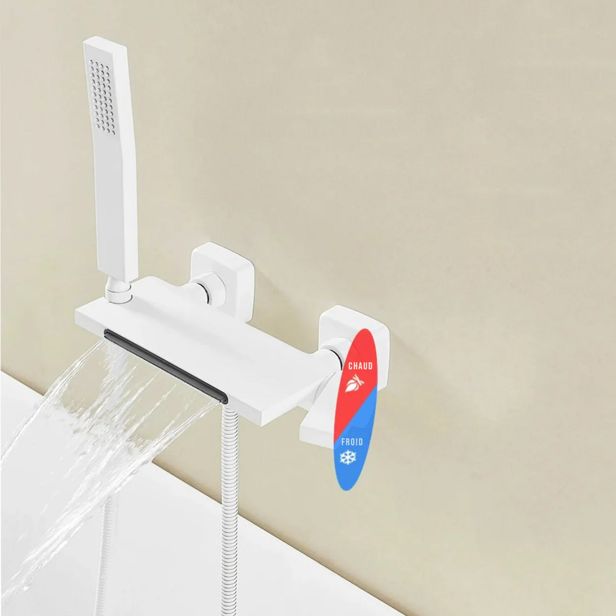 Robinet baignoire cascade douchette salle de bain - Blanc - Laiton