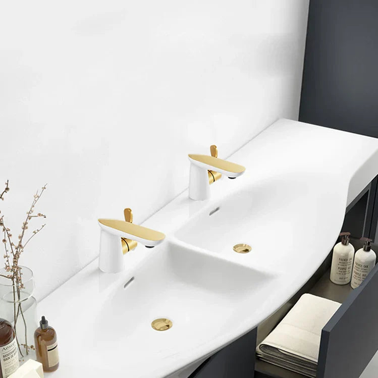 Robinet lavabo salle de bain moderne bicolore - Blanc Doré - Laiton