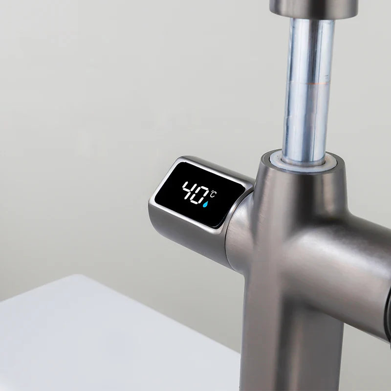 Robinet cuisine affichage thermostatique flexible - Argenté - Laiton