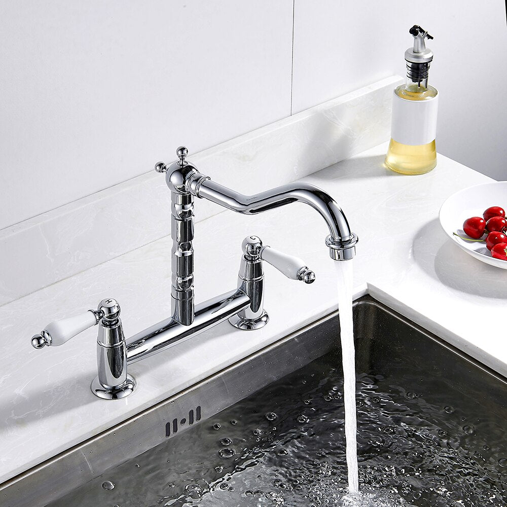 Robinet cuisine évier vintage poignées céramique rétro - Argenté - Laiton