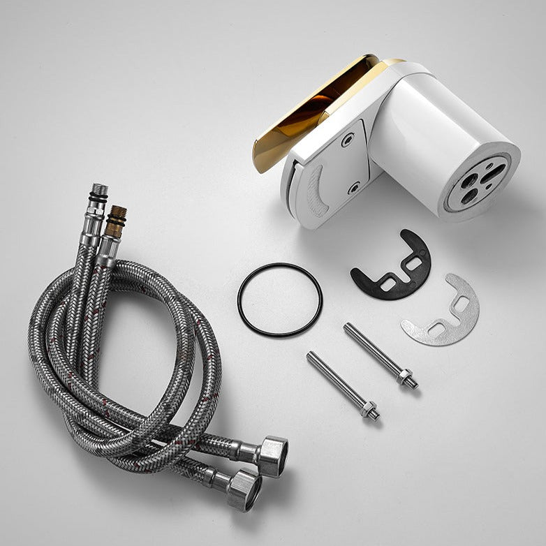 Robinet lavabo salle de bain large design cascade - Blanc / Doré