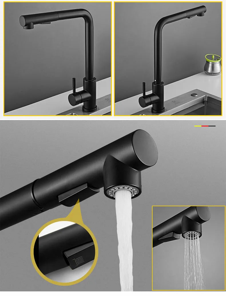 Robinet évier cuisine minimaliste flexible rétractable douchette - Noir