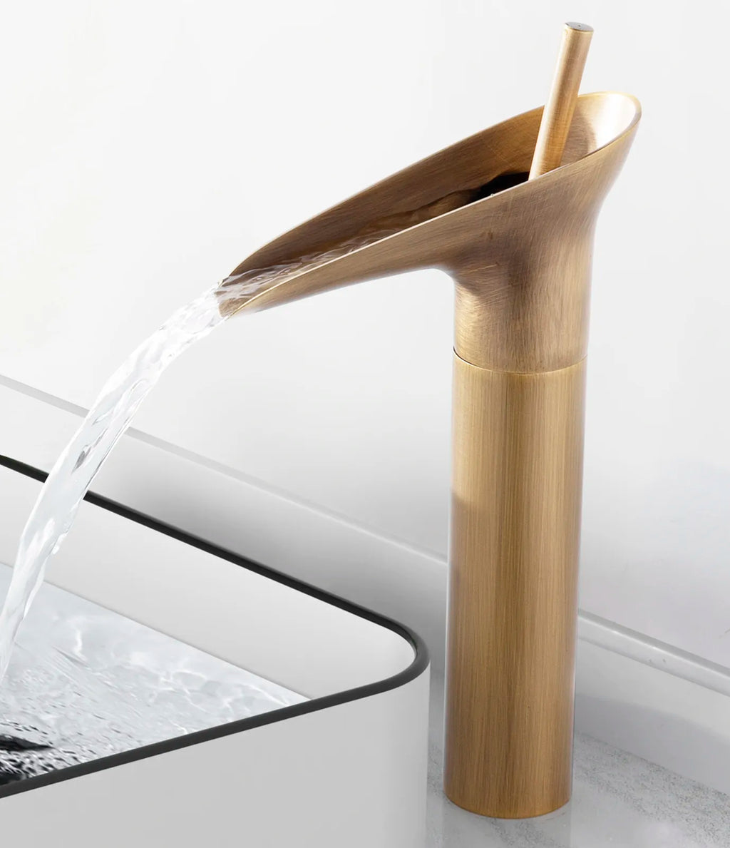 Robinet salle de bain lavabo bambou cascade - Doré - Laiton