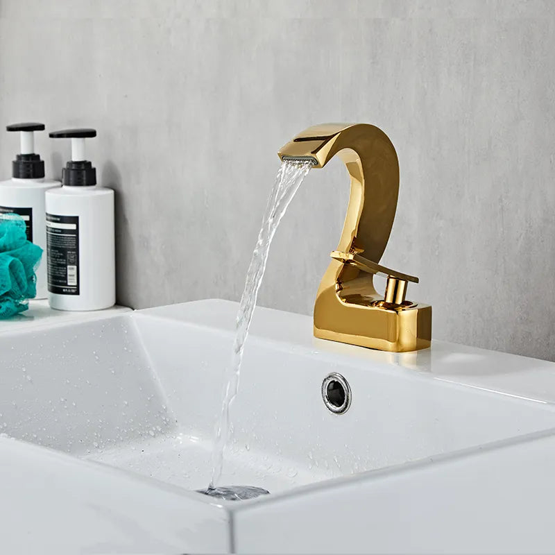 Robinet lavabo salle de bain cygne design - Doré