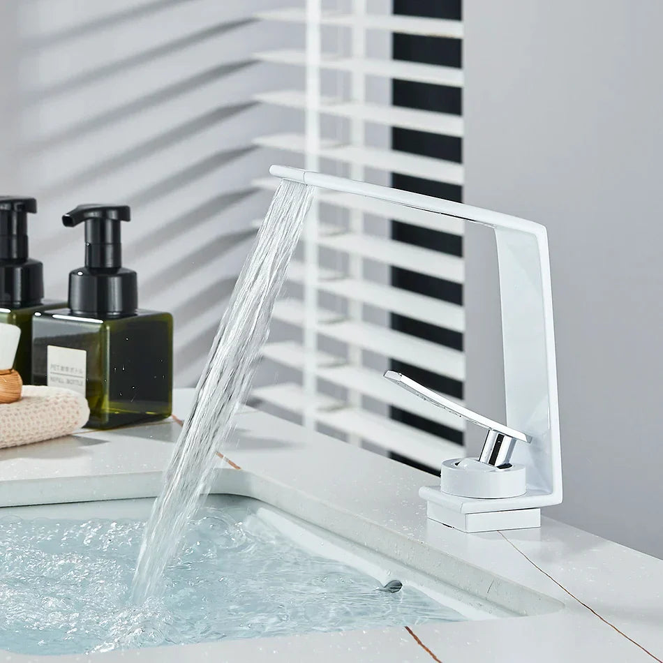 Robinet design lavabo salle de bain cascade - Blanc - Laiton