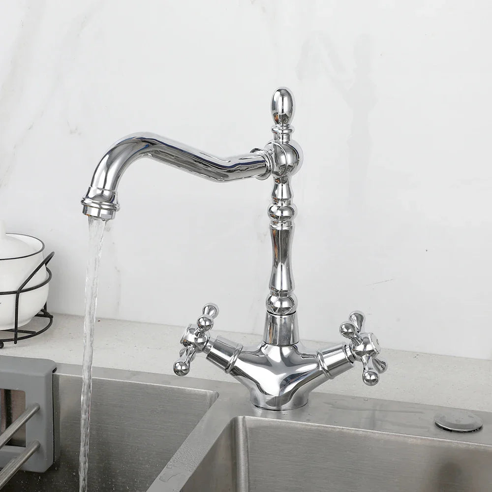 Robinet cuisine évier rétro double poignées - Argenté - Laiton