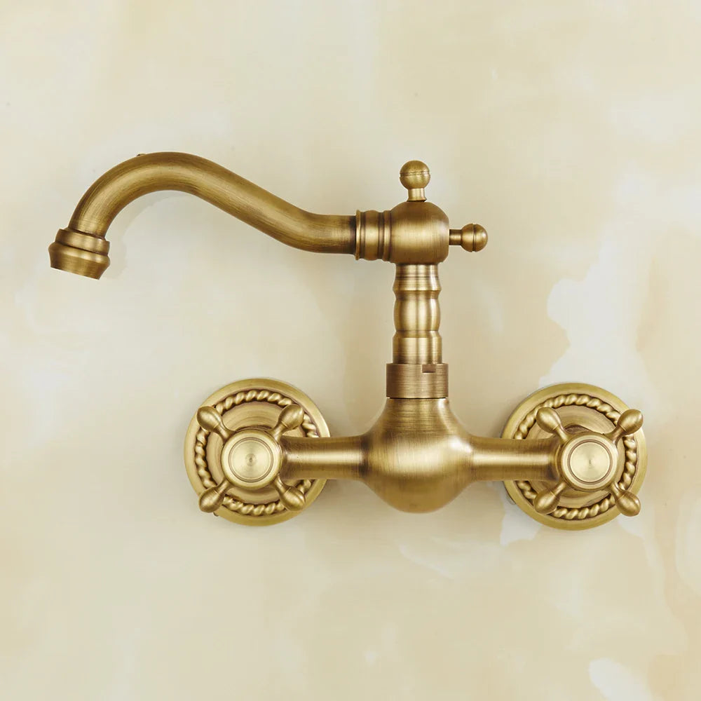 Robinet évier de cuisine vintage mural double poignées - Doré - Laiton