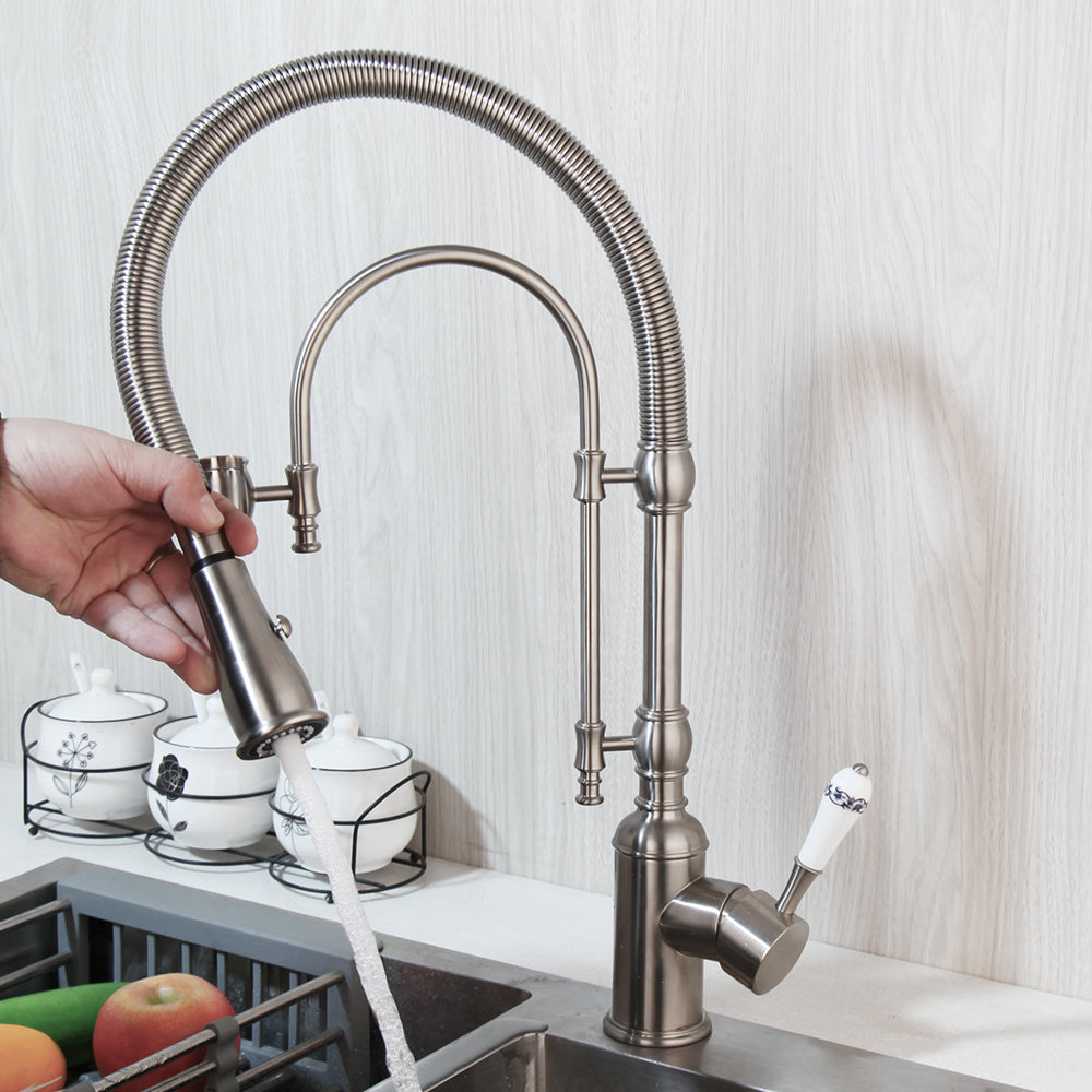 Robinet cuisine évier douchette rétro poignée céramique - Argenté - Laiton