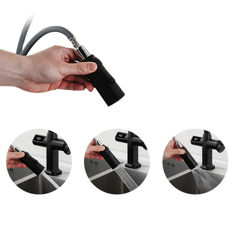 Robinet évier cuisine thermostatique affichage numérique flexible douchette - Noir - Laiton