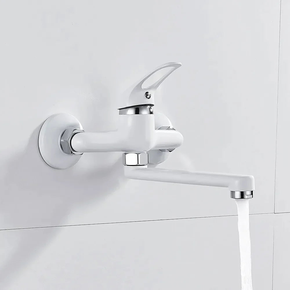 Robinet évier cuisine mitigeur encastrable mural - Blanc - Laiton