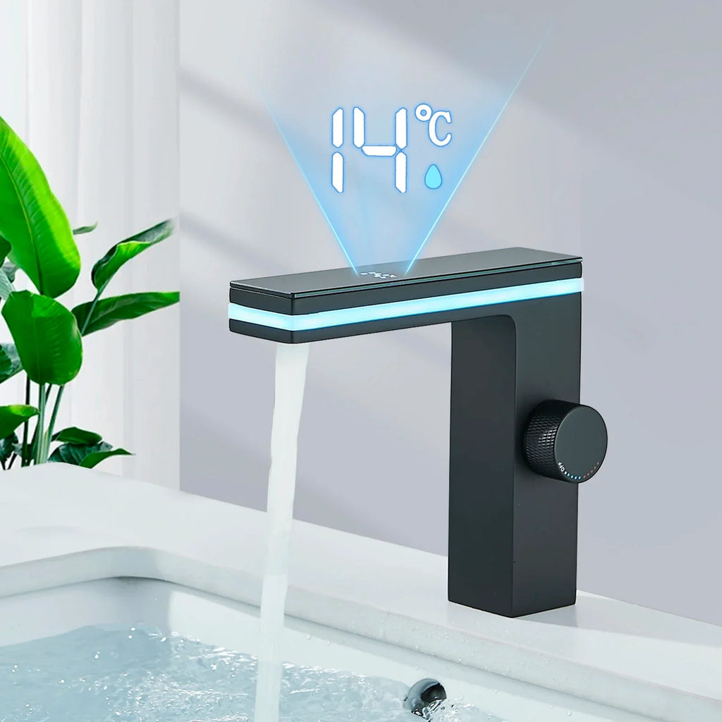 Robinet lavabo salle de bain affichage numérique - Noir - Laiton